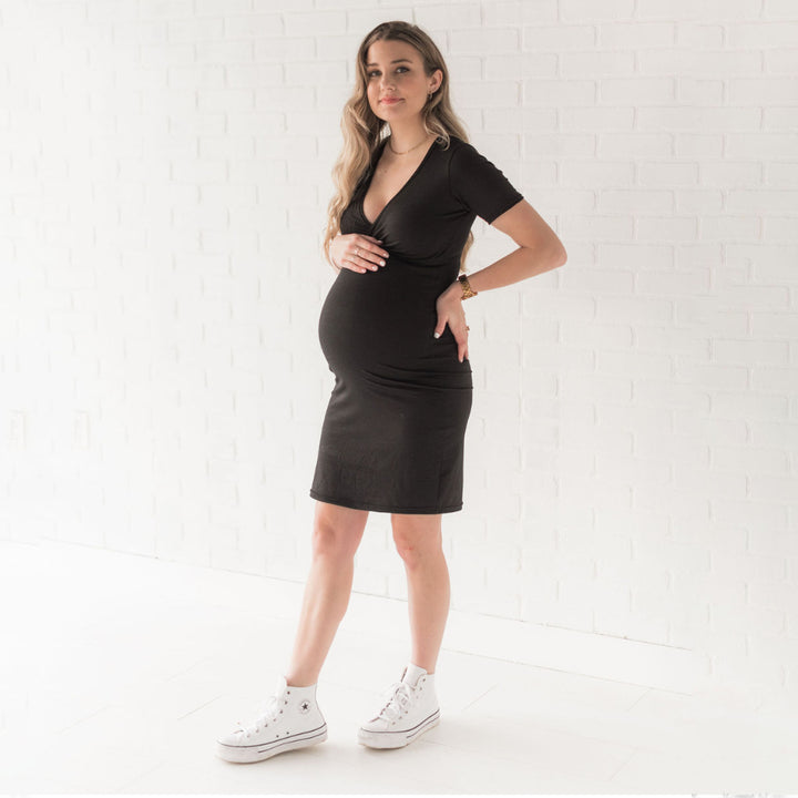 Ophelia short sleeve nursing dress in black - New Genes Maternity Wear
