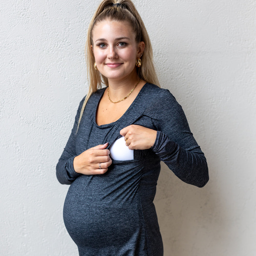 Emma Active Long Sleeve top in heathered graphite grey - maternity activewear by New Genes Maternity Wear