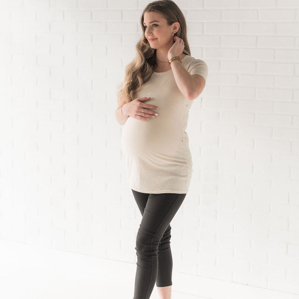 Emma Short Sleeve Nursing Top in oatmeal - maternity clothing by New Genes Maternity Wear
