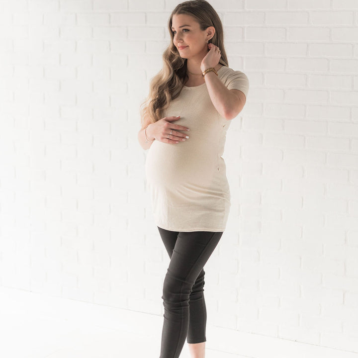 Emma Short Sleeve Nursing Top in oatmeal - maternity clothing by New Genes Maternity Wear