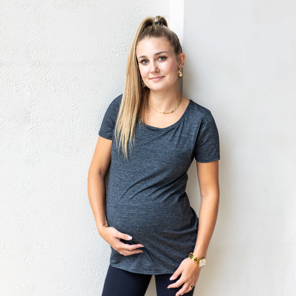 Emma Active Short Sleeve top in heathered graphite grey - maternity activewear by New Genes Maternity Wear