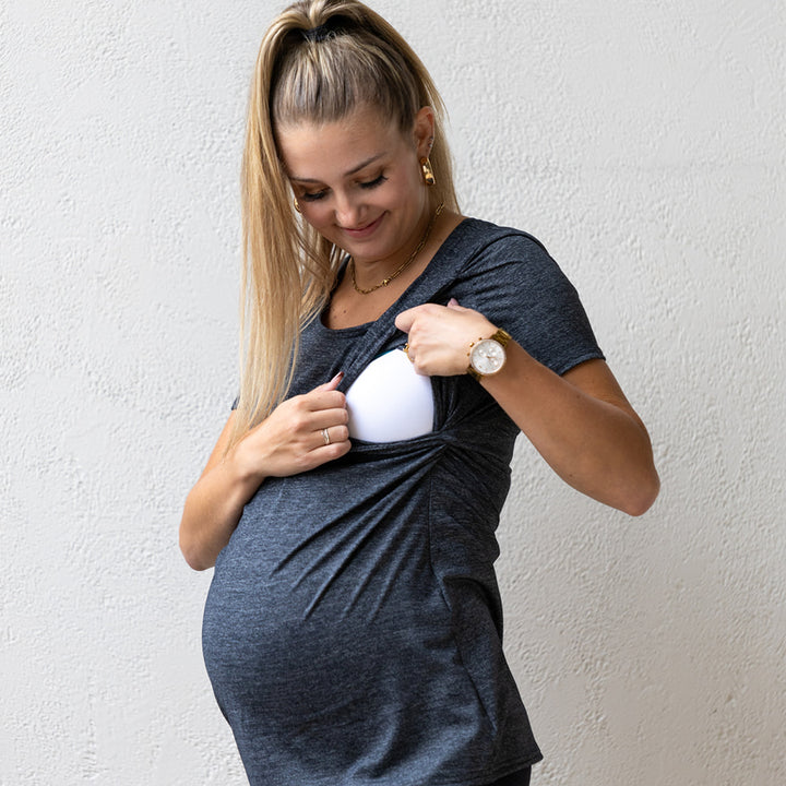 Emma Active Short Sleeve top in heathered graphite grey - maternity activewear by New Genes Maternity Wear