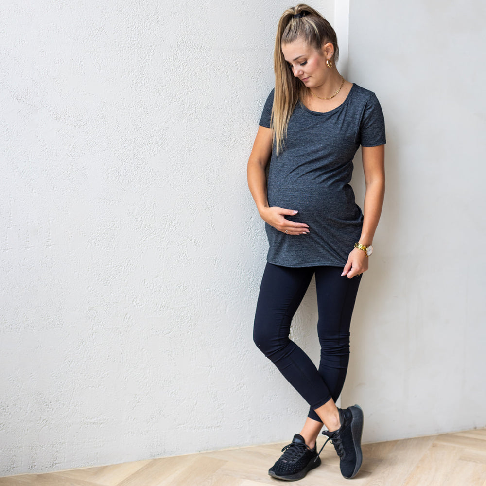 Emma Active Short Sleeve top in heathered graphite grey - maternity activewear by New Genes Maternity Wear