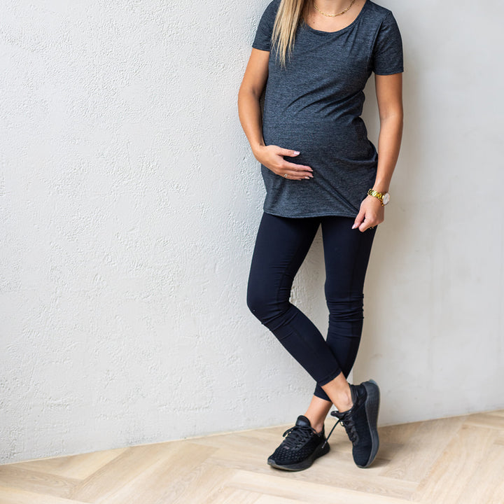 Emma Active Short Sleeve top in heathered graphite grey - maternity activewear by New Genes Maternity Wear