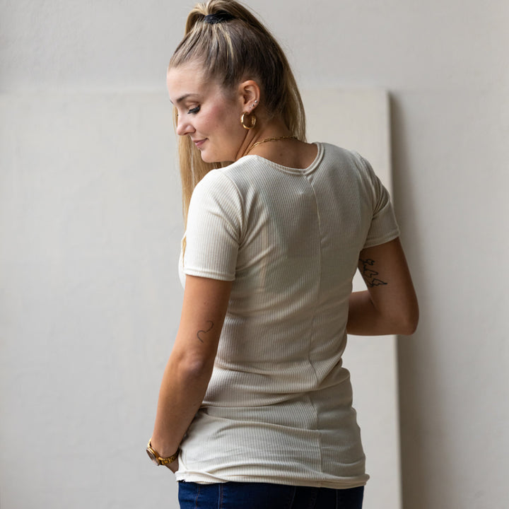 Emma Short Sleeve Nursing Top in oatmeal - maternity clothing by New Genes Maternity Wear