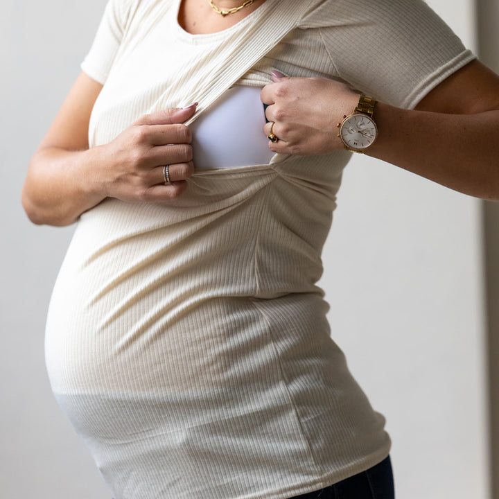 Emma Short Sleeve Nursing Top in oatmeal - maternity clothing by New Genes Maternity Wear