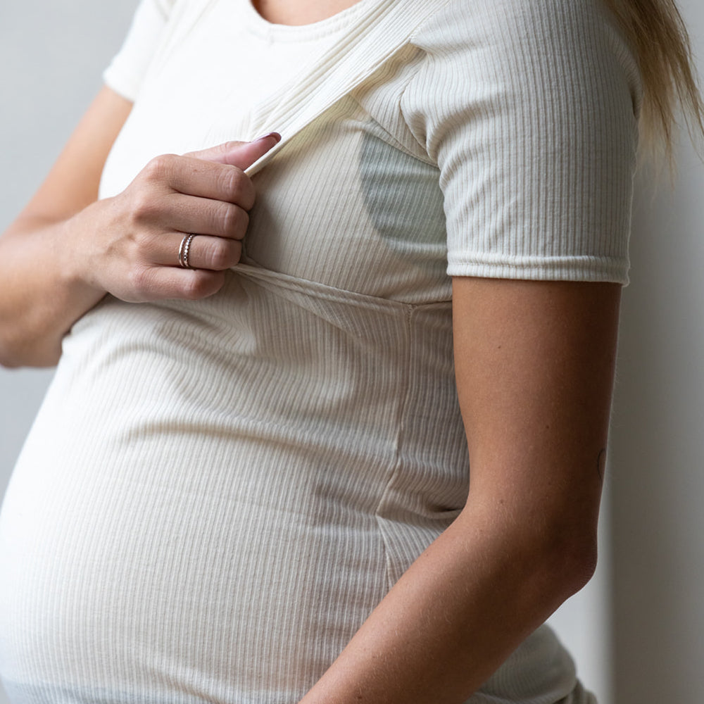 Emma Short Sleeve Nursing Top in oatmeal - maternity clothing by New Genes Maternity Wear