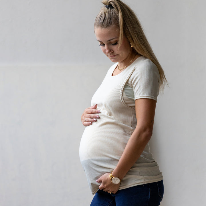 Emma Short Sleeve Nursing Top in oatmeal - maternity clothing by New Genes Maternity Wear