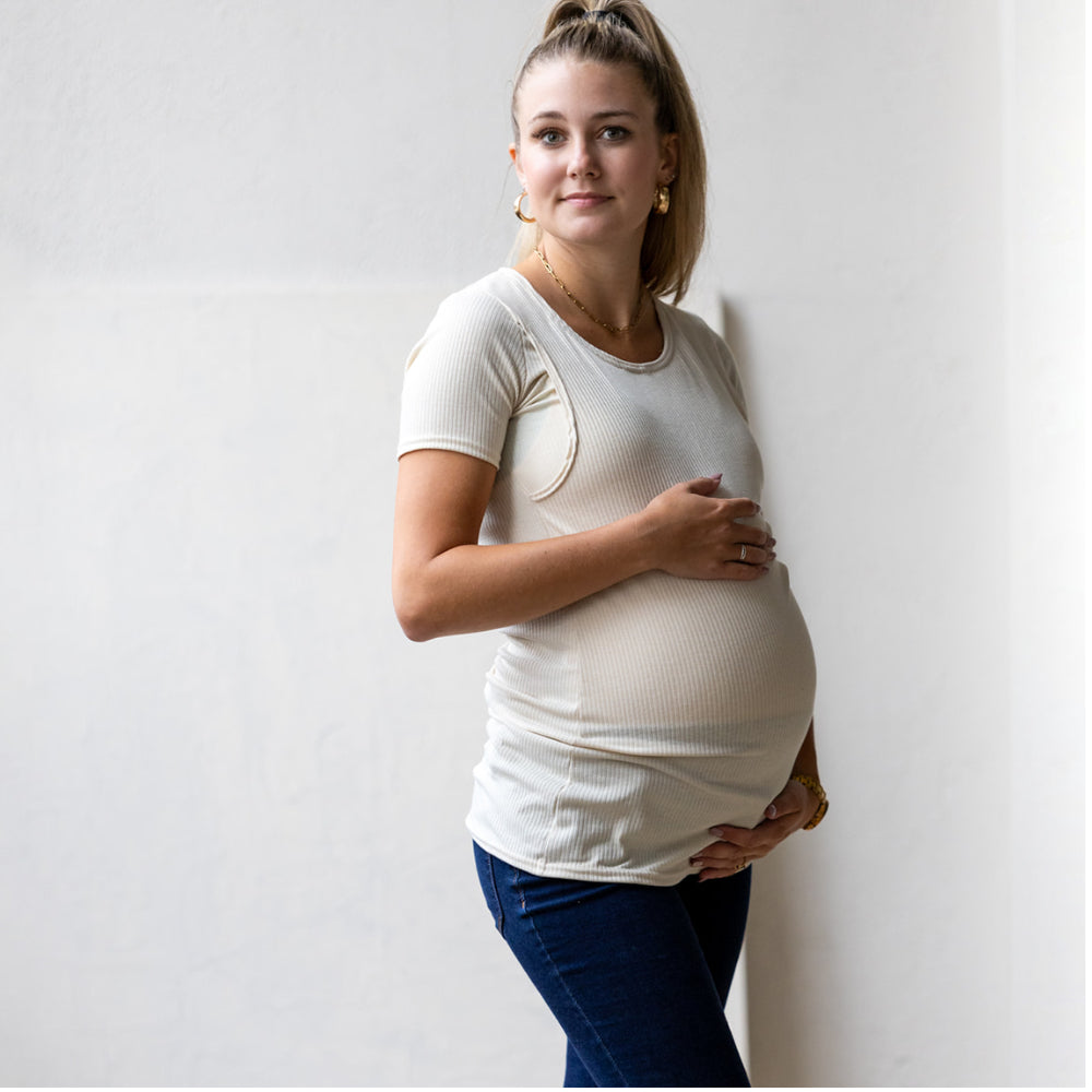 Emma Short Sleeve Nursing Top in oatmeal - maternity clothing by New Genes Maternity Wear