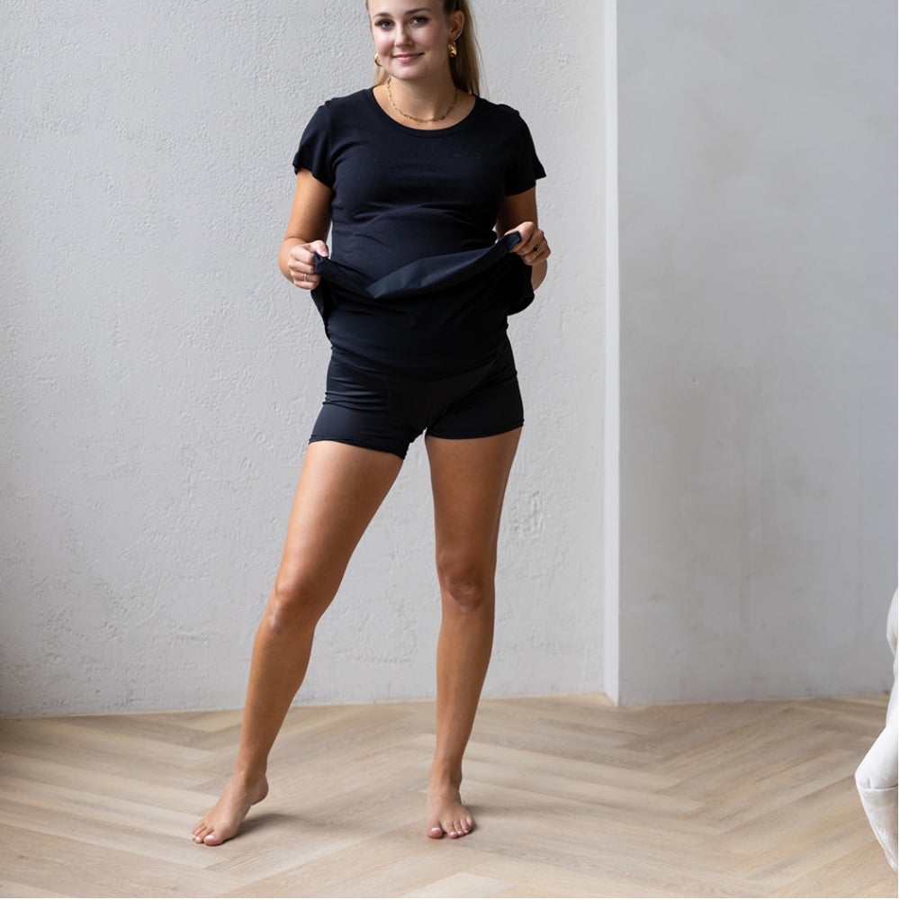 Sarah 3 inch black active shorts - maternity clothing by New Genes Maternity Wear