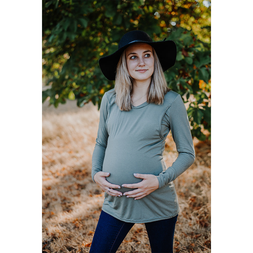 Emma Long Sleeve Nursing Top -Olive - New Genes Maternity Wear 