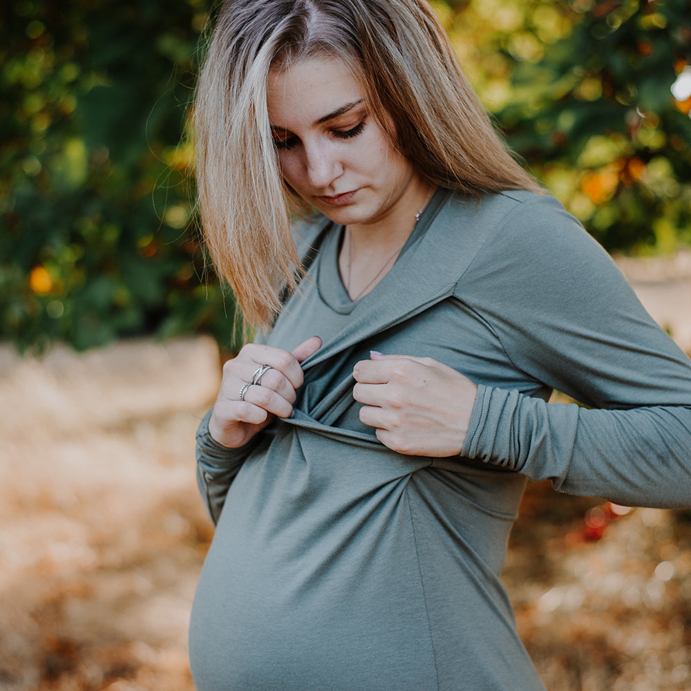 Emma long sleeve nursing top in olive - New Genes Maternity Wear